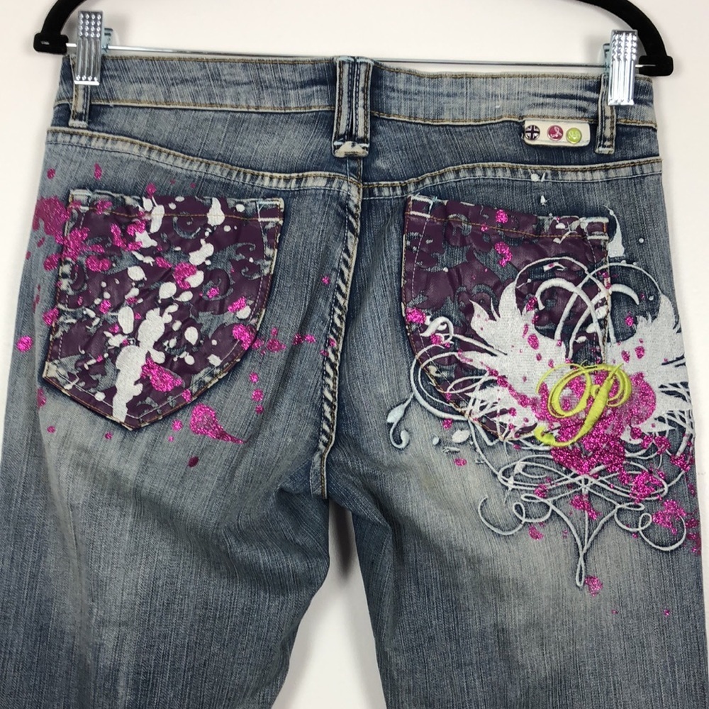 Pepe London jeans blue purple splash design bootcut long leg 5 pocket jean Sz 30 - Picture 5 of 6